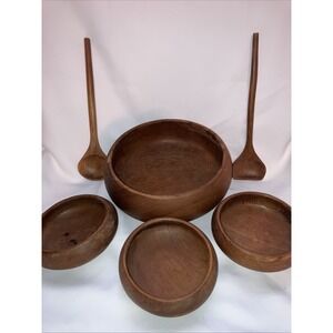 Vintage Teak Wood 7 Piece Salad Bowl Set Includes Utensils Dolphin Thailand MCM